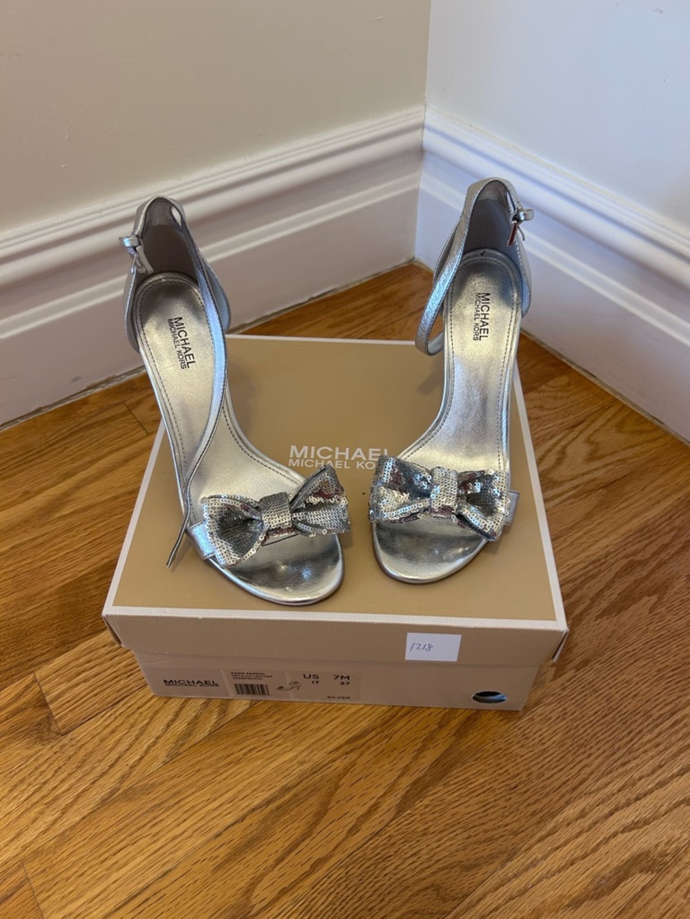 MICHAEL Michael Kors Metallic Silver Bow Ankle-Strap Heels. Great condition.